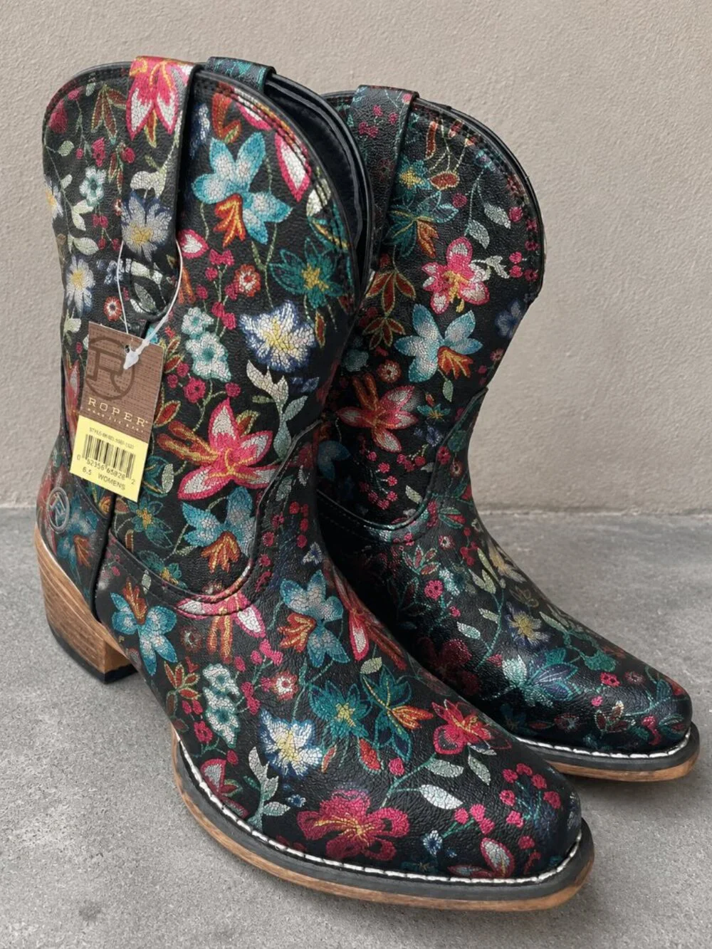 NWT Roper Ingrid 6.5 Metallic Black Floral Snip Toe Ankle Cowboy Boots Women's